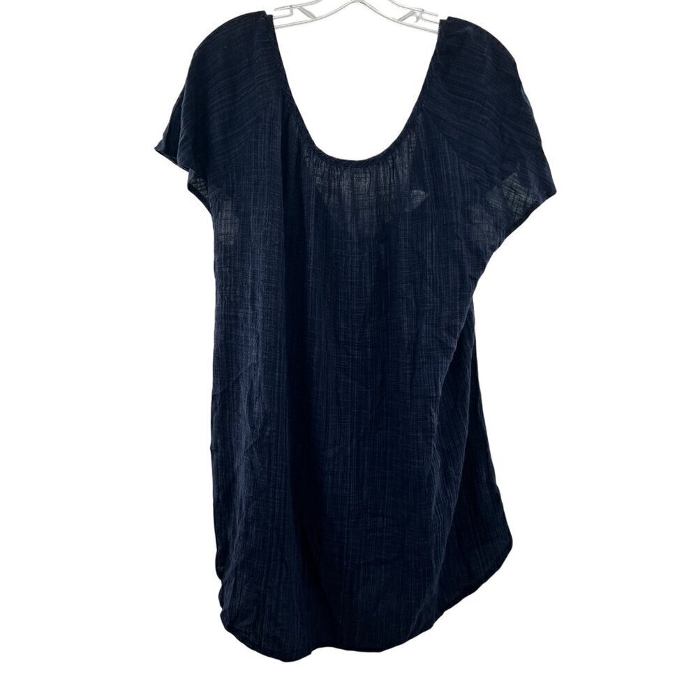 Kona Sol Women's Short Sleeve Textured Top Navy Size Medium Lightweight Tie Neck